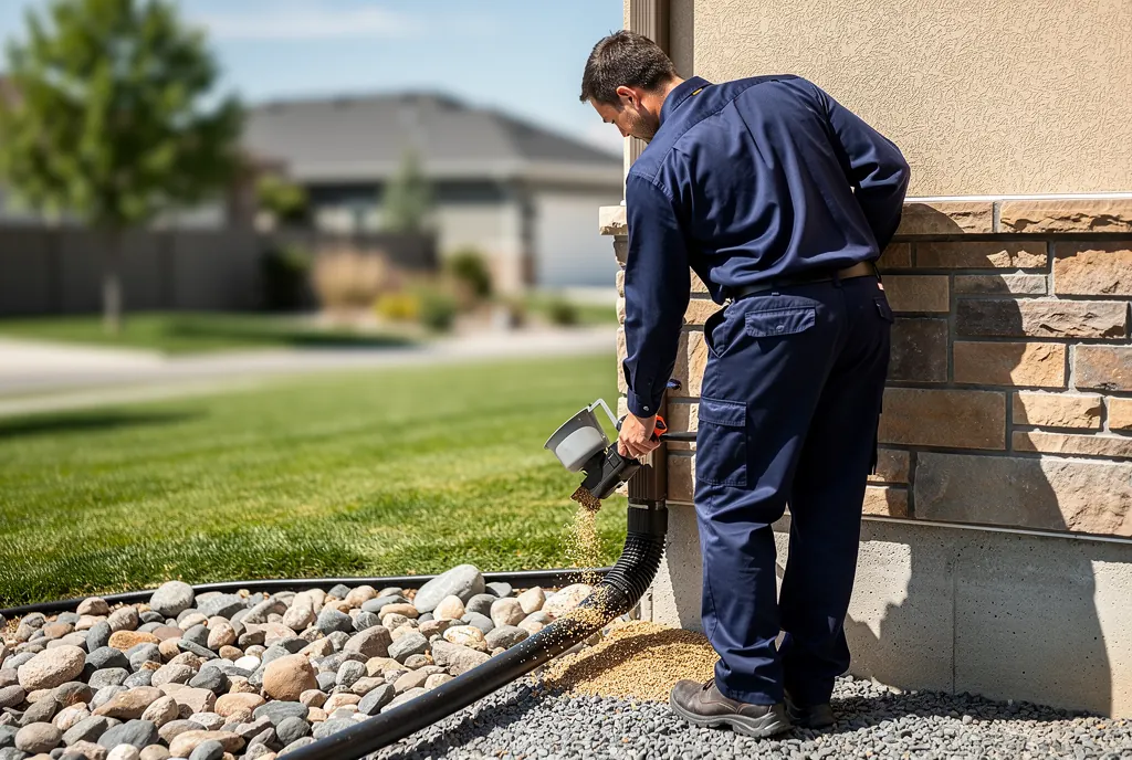 Technician applying ant bait along a Salt Lake City foundation line