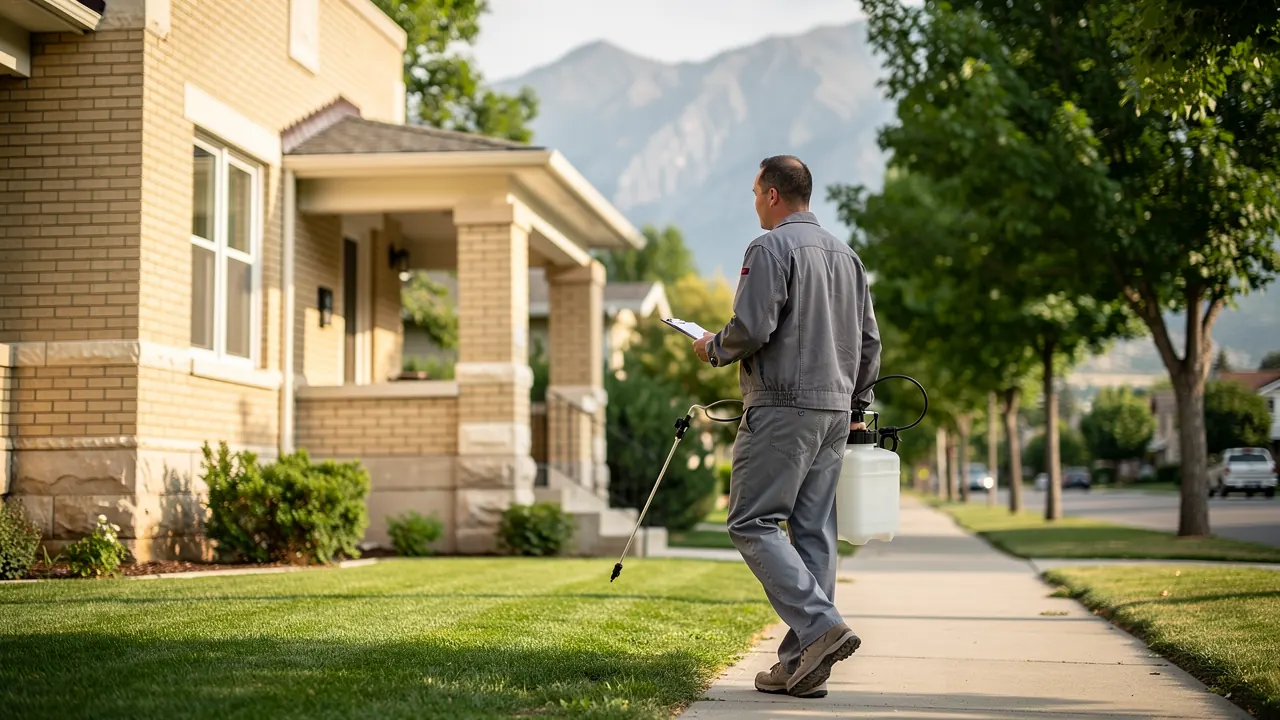 Exterminator arriving at a Salt Lake City brick bungalow