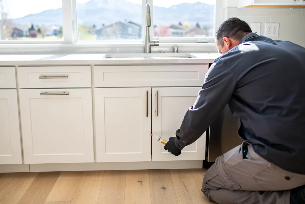 Technician placing gel bait along kitchen cabinets in a Salt Lake City home
