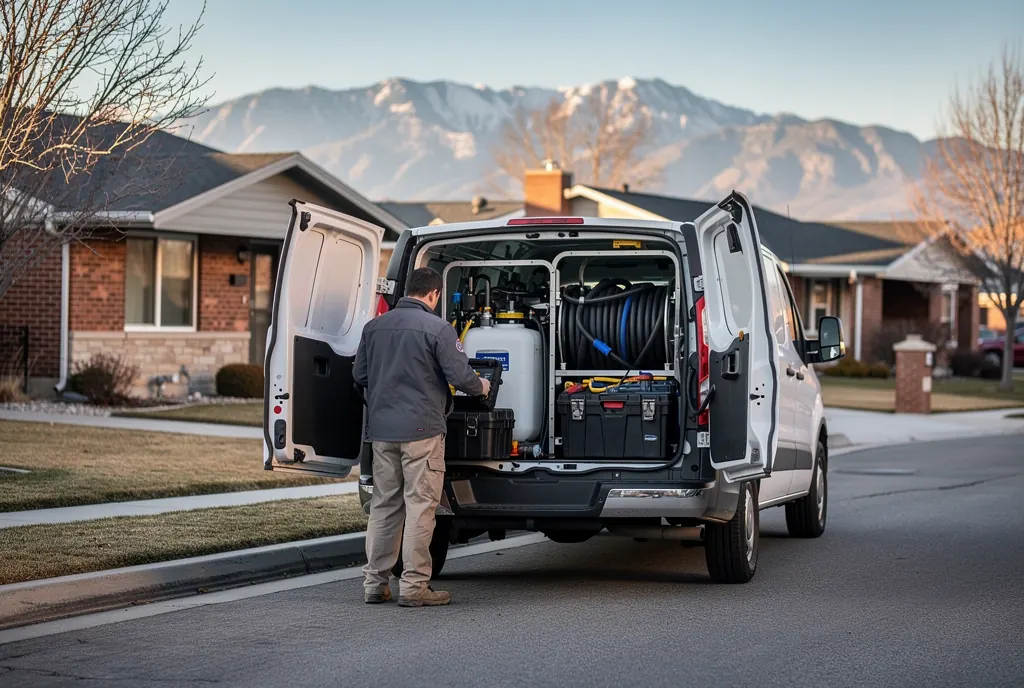 Pest control technician loading equipment on a Salt Lake City street