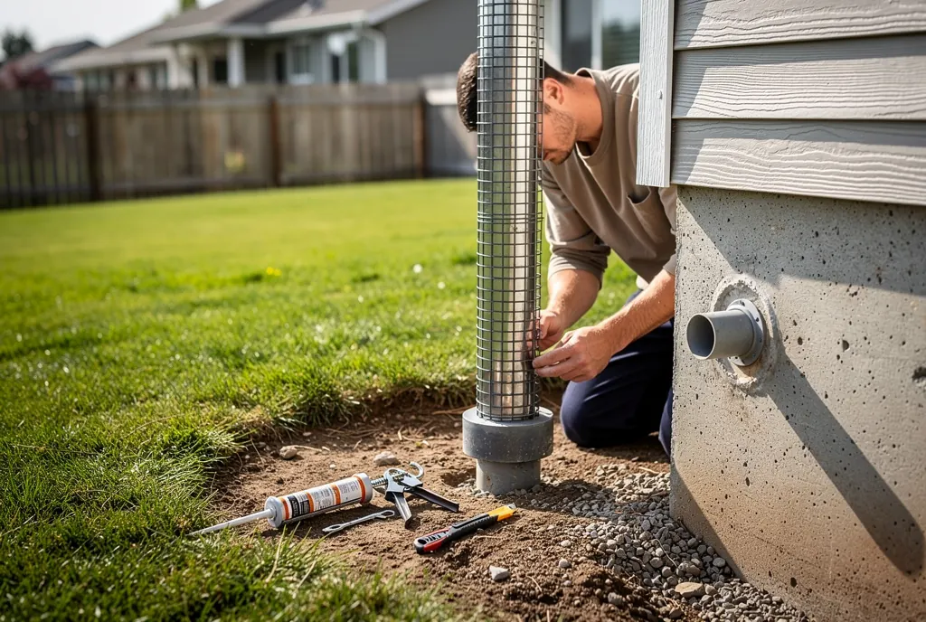 Technician sealing a rodent entry point at a Salt Lake City foundation