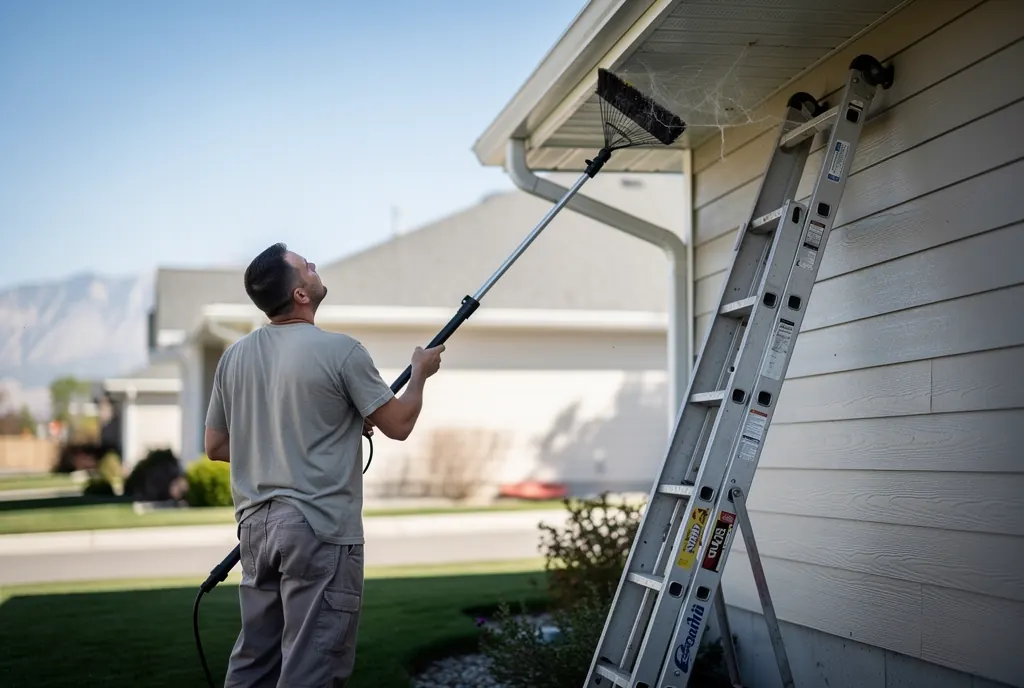 Technician de-webbing eaves during spider control at a Salt Lake City home